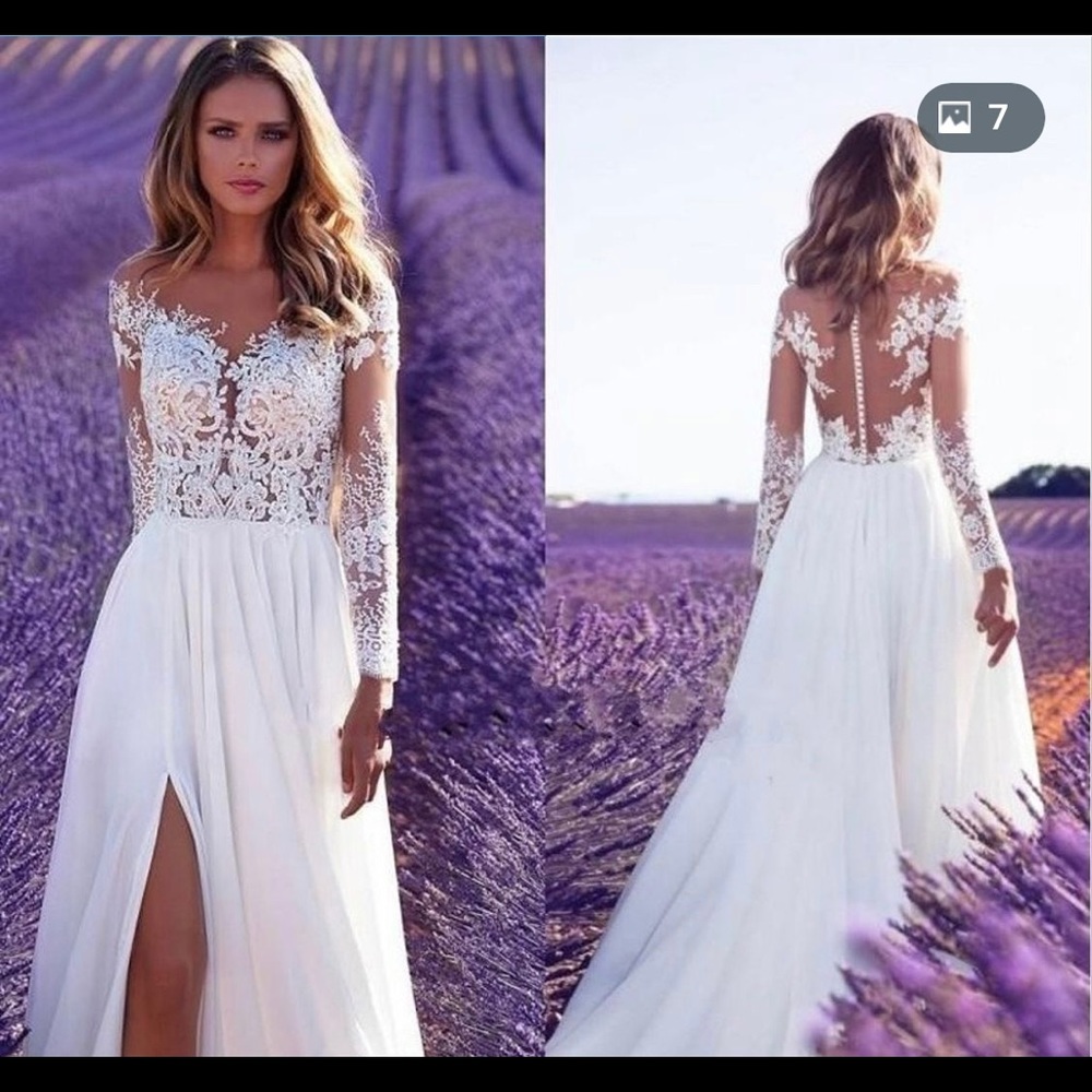 Lace v neck long sleeve wedding dress